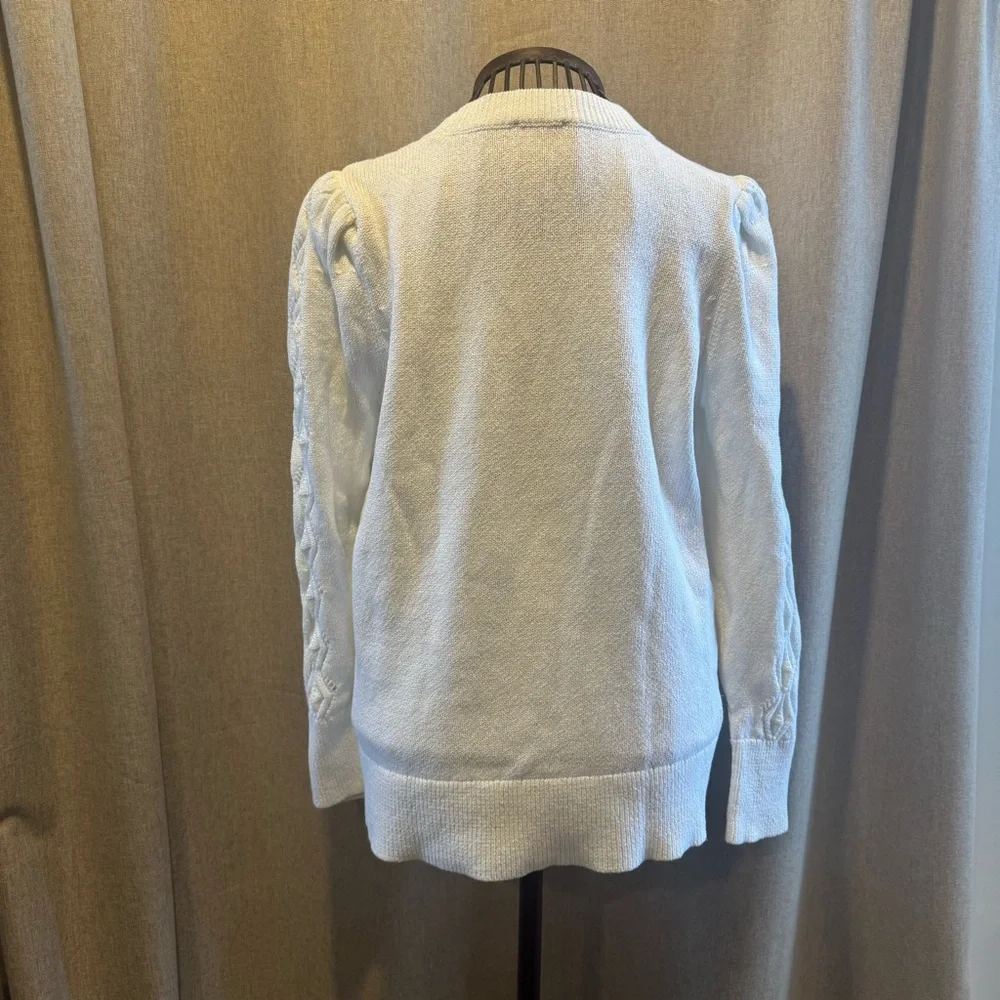 Talbots - White 100% Cotton - Puff Sleeve - Cable Knit Sweater - Large - Picture 5 of 10